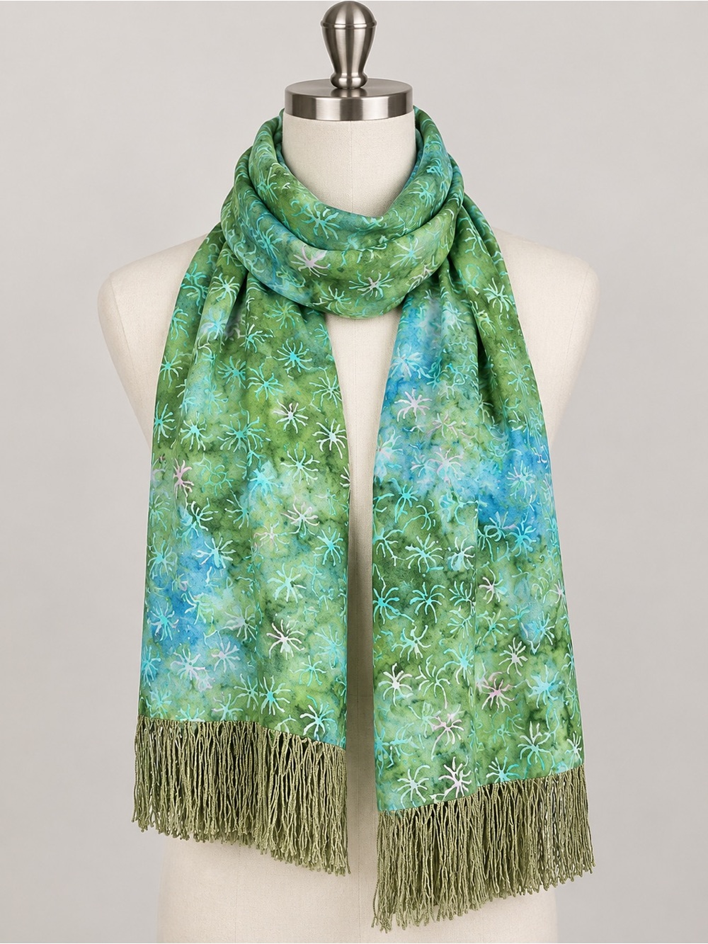 Green Printed Scarf with Fringe Trim